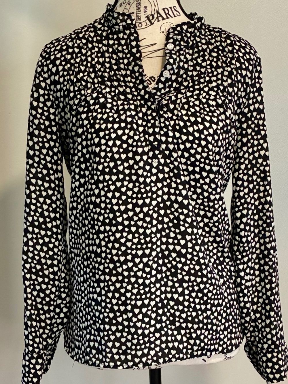 Black blouse w/ white hearts, long sleeve by Jcrew Mercantile. Size 2. Spring